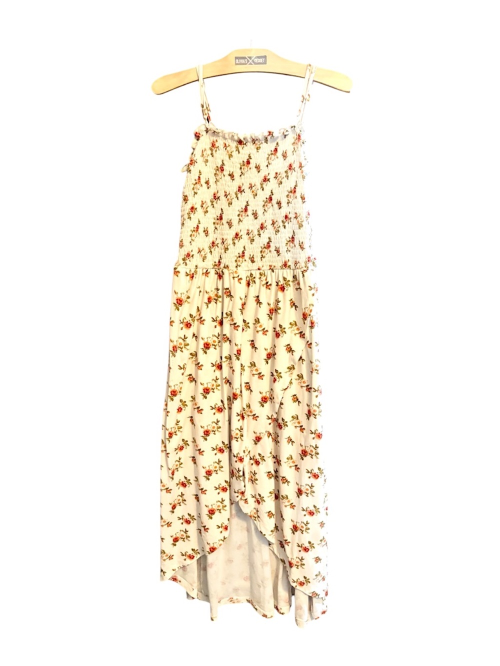 Floral High-Low Smocked Maxi Dress - Cream with Red Rose Print